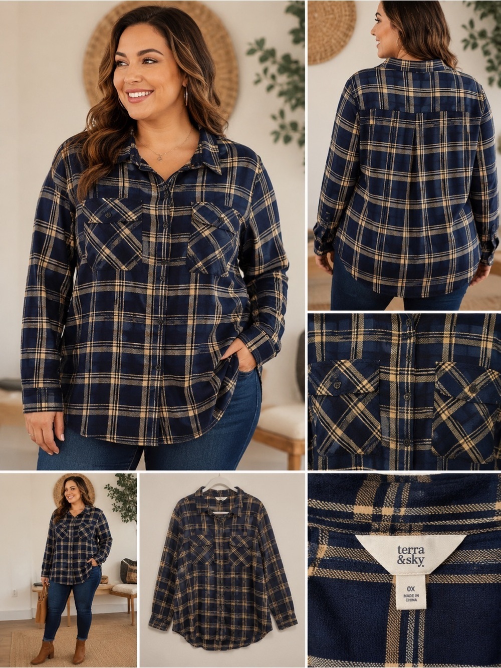 Terra & Sky Navy Tan Plaid Button Down Shirt 0X Plus Size Flannel Top
